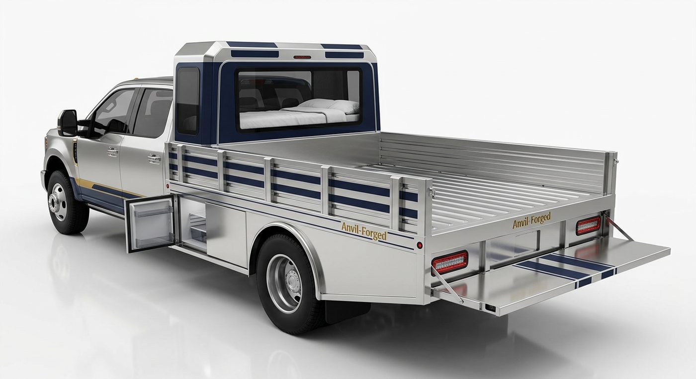 Anvil-Forged flatbed truck with an extended-cab camping shell
