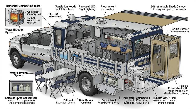 Annotated Anvil-Forged toy hauler concept with workshop, camping shell, shower, canopy, and storage features