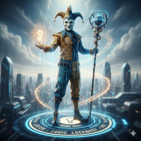 The Jester, a masked figure in gold and blue circuit-patterned motley holding a glowing key and a staff, standing on a luminous platform above a futuristic city